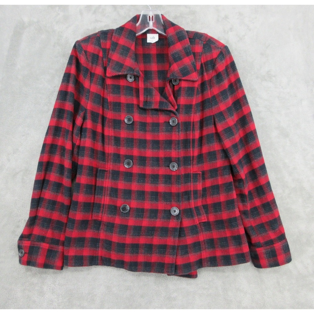 Cabi Jacket Womens Size L Snow Valley Buffalo Plaid Double Breasted Red 3852
